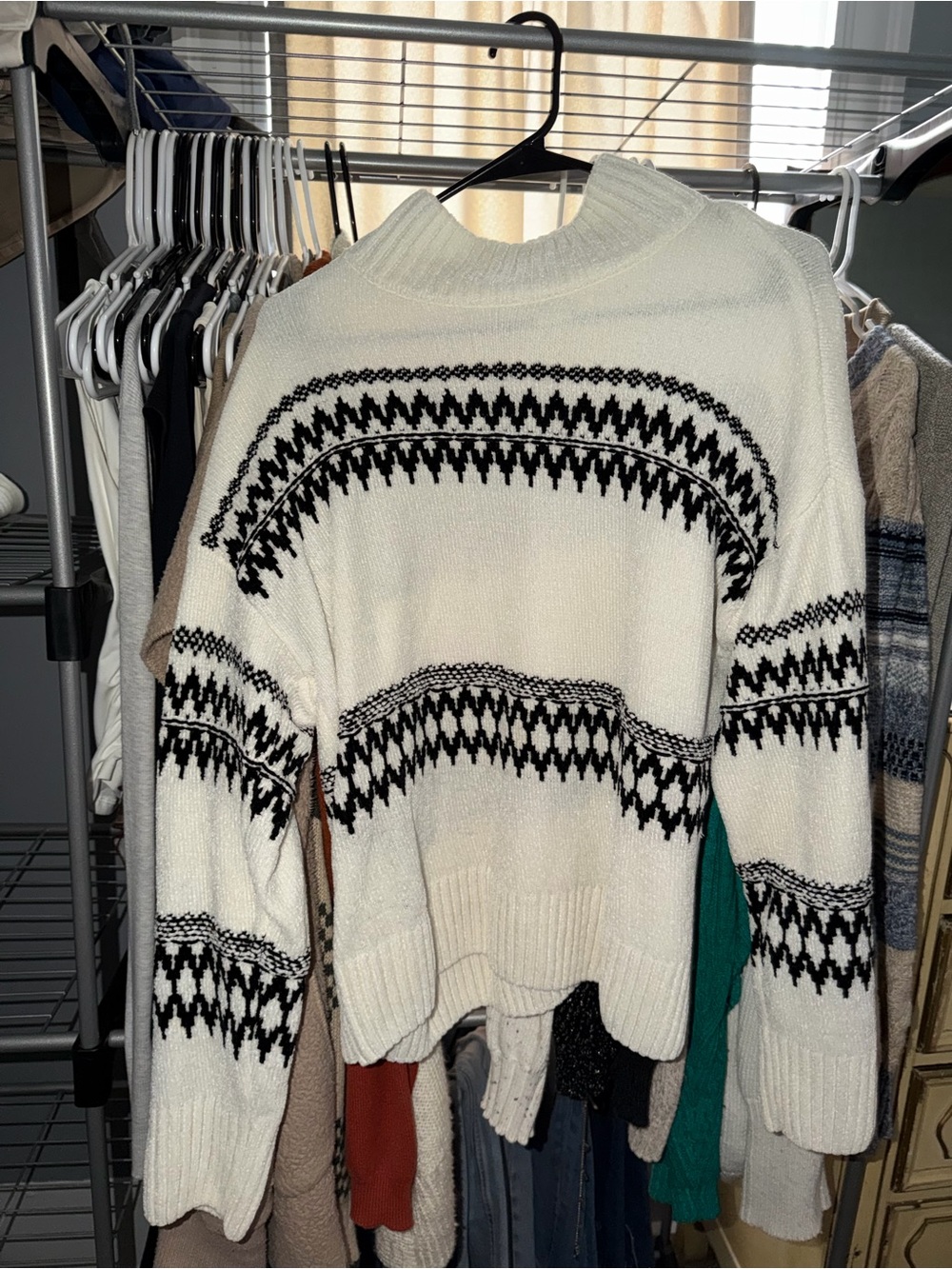 Christian Siriano Cream Turtleneck Sweater with Black Geometric Trim